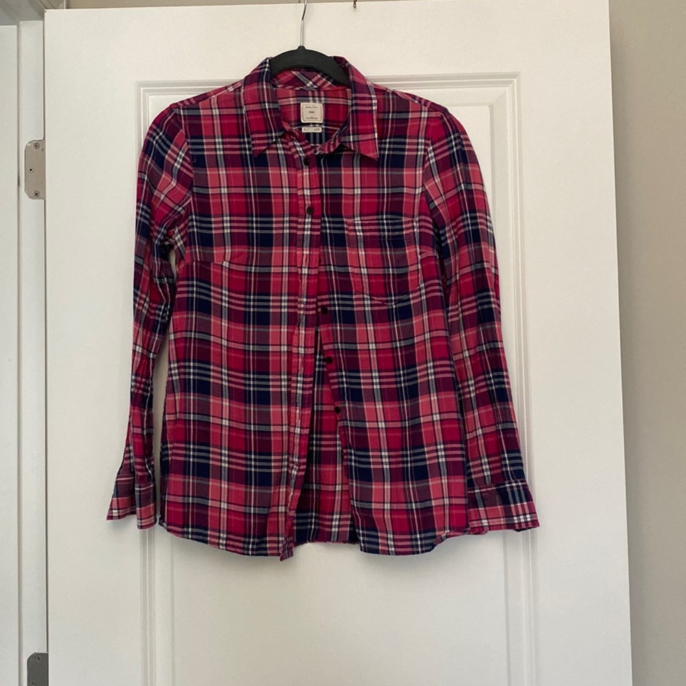 Gap Pink and Blue Plaid Fitted Boyfriend Shirt Size Small